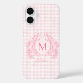 Blush Pink Gingham Floral Crest Monogram iPhone 16 Hoesje