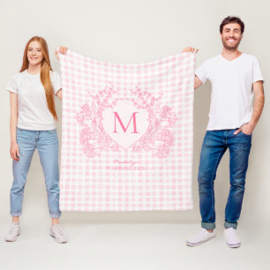Blush Pink Gingham Floral Crest Monogram Fleece Deken