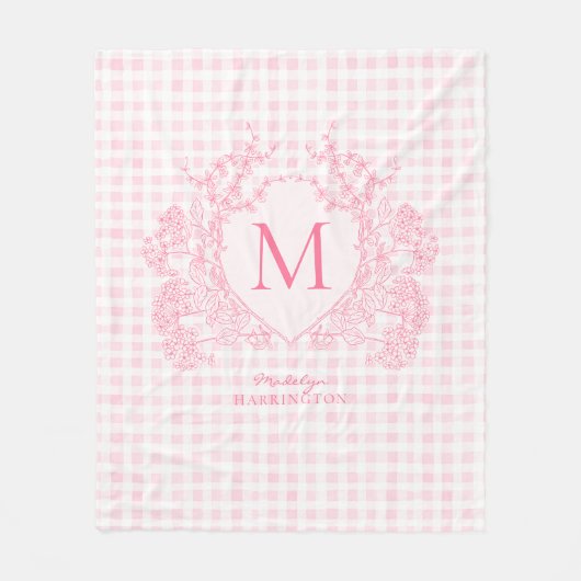 Blush Pink Gingham Floral Crest Monogram Fleece Deken (Voorkant)