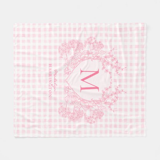Blush Pink Gingham Floral Crest Monogram Fleece Deken (Voorkant (Horizontaal))