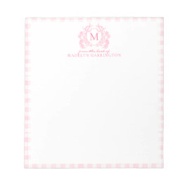 Blush Pink Gingham Floral Crest Monogram Notitieblok