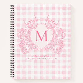 Blush Pink Gingham Floral Crest Monogram Notitieboek