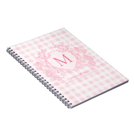 Blush Pink Gingham Floral Crest Monogram Notitieboek (Rechterzijde)