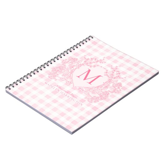 Blush Pink Gingham Floral Crest Monogram Notitieboek (Linkerzijde)