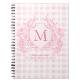 Blush Pink Gingham Floral Crest Monogram Notitieboek