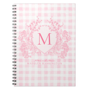 Blush Pink Gingham Floral Crest Monogram Notitieboek