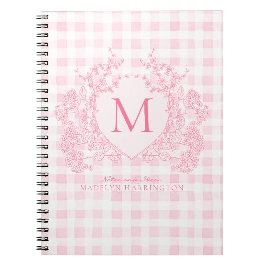 Blush Pink Gingham Floral Crest Monogram Notitieboek (Voorkant)