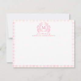 Blush Pink Gingham Floral Crest Monogram Notitiekaartje