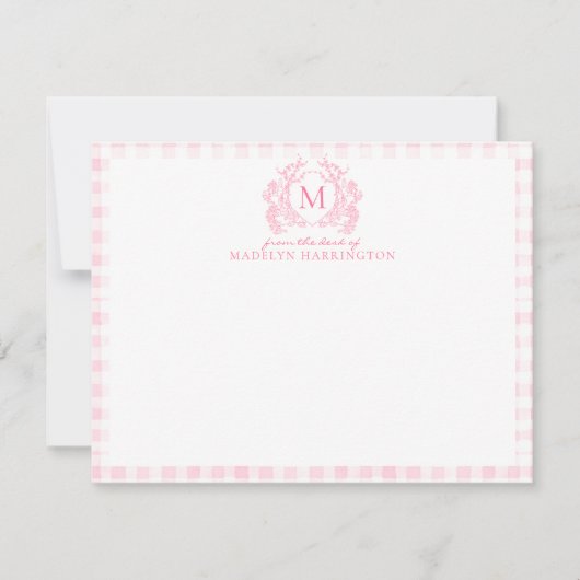 Blush Pink Gingham Floral Crest Monogram Notitiekaartje (Voorkant)