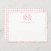 Blush Pink Gingham Floral Crest Monogram Notitiekaartje (Voorkant / Achterkant)