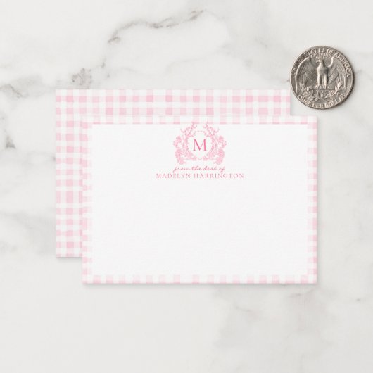 Blush Pink Gingham Floral Crest Monogram Notitiekaartje (Voorkant / Achterkant in situ)