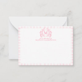 Blush Pink Gingham Floral Crest Monogram Notitiekaartje