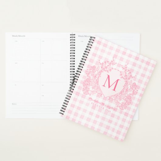Blush Pink Gingham Floral Crest Monogram Planner (Display)