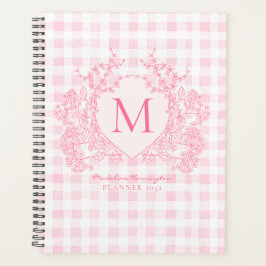 Blush Pink Gingham Floral Crest Monogram Planner