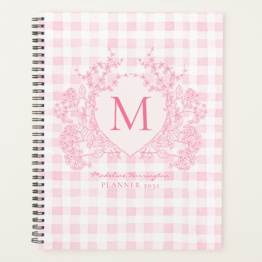 Blush Pink Gingham Floral Crest Monogram Planner (Voorkant)