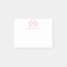 Blush Pink Gingham Floral Crest Monogram Post-it® Notes