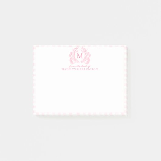 Blush Pink Gingham Floral Crest Monogram Post-it® Notes (Voorkant)