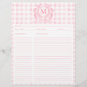 Blush Pink Gingham Floral Crest Monogram Recept (Voorkant)