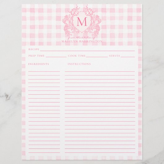 Blush Pink Gingham Floral Crest Monogram Recept (Voorkant)