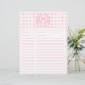 Blush Pink Gingham Floral Crest Monogram Recept (Staand voorkant)
