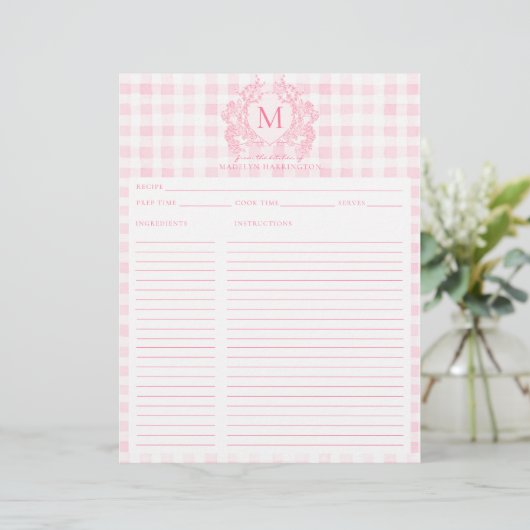 Blush Pink Gingham Floral Crest Monogram Recept (Staand voorkant)