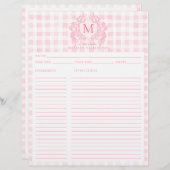 Blush Pink Gingham Floral Crest Monogram Recept (Voorkant / Achterkant)
