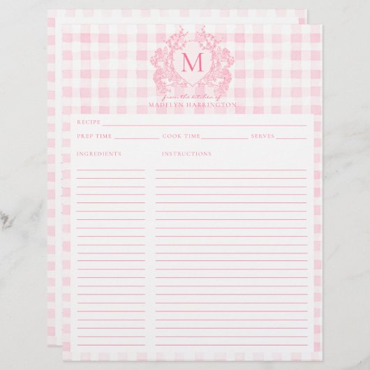 Blush Pink Gingham Floral Crest Monogram Recept (Voorkant / Achterkant)