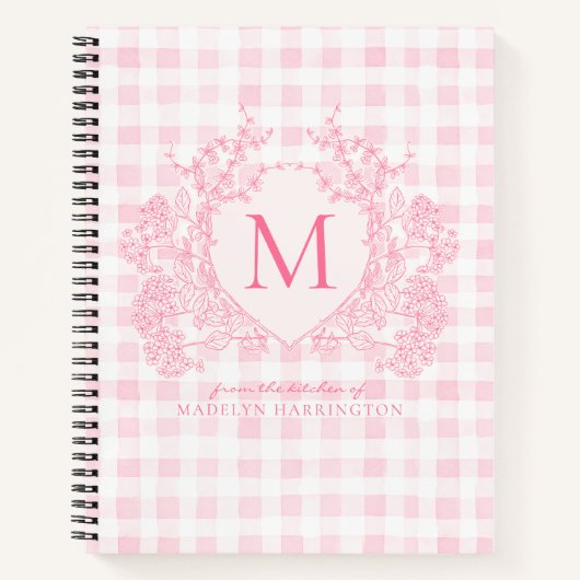 Blush Pink Gingham Floral Crest Monogram Recept Notitieboek (Voorkant)