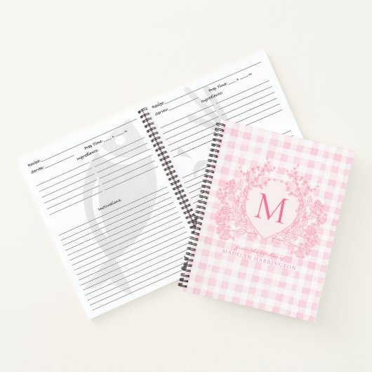 Blush Pink Gingham Floral Crest Monogram Recept Notitieboek (Binnen)