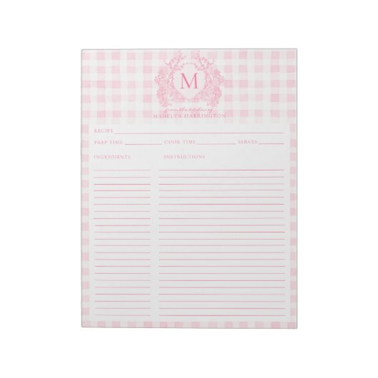 Blush Pink Gingham Floral Crest Monogram Recipe Notitieblok (Linkerzijde)