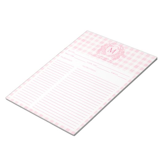 Blush Pink Gingham Floral Crest Monogram Recipe Notitieblok (Schuin)