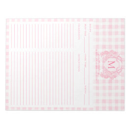 Blush Pink Gingham Floral Crest Monogram Recipe Notitieblok