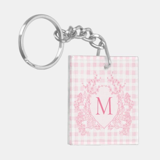 Blush Pink Gingham Floral Crest Monogram Sleutelhanger (Voorkant Links)