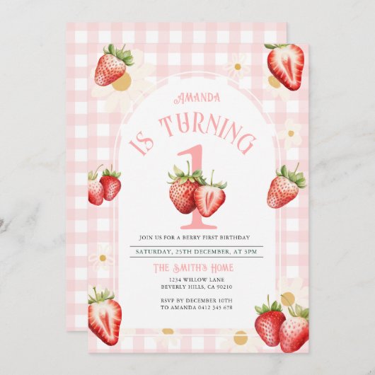 Blush Pink Gingham Strawberry Daisy Verjaardag Kaart (Voorkant / Achterkant)