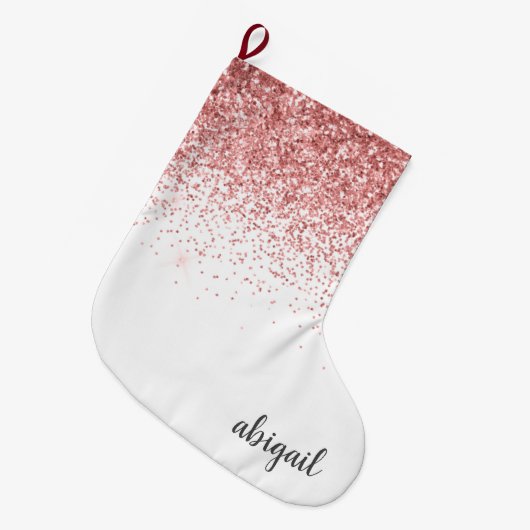 Blush Pink Girly Glitter Modern Monogram Naam  Grote Kerstsok (Voorkant (Hangend))
