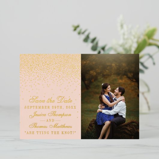 Blush Pink & Glam Confetti foto Save The Date Folie Uitnodiging (Staand Voorkant)