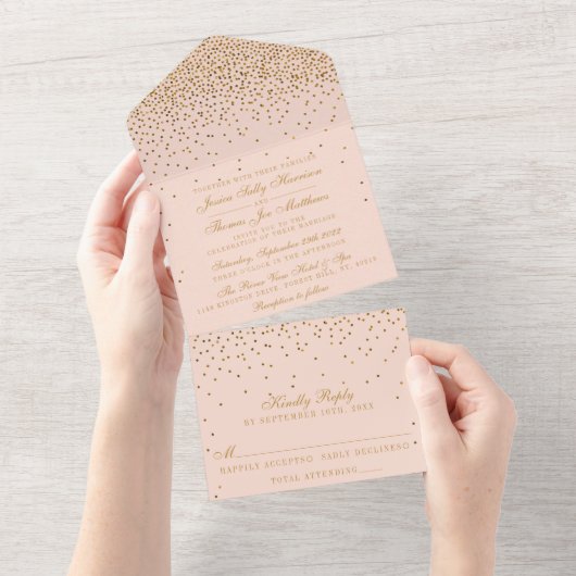 Blush Pink & Glam Gold Confetti Wedding All In One Uitnodiging (Afscheurbaar)