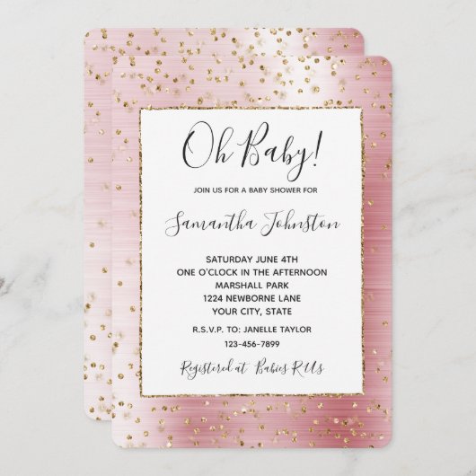 Blush Pink Glam Gold Sparkle Confetti Baby shower Kaart (Voorkant / Achterkant)