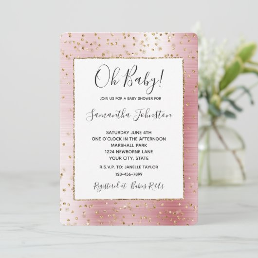 Blush Pink Glam Gold Sparkle Confetti Baby shower Kaart (Staand voorkant)