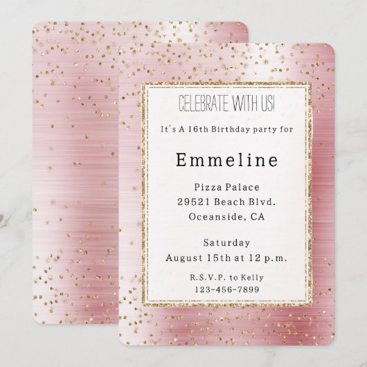 Blush Pink Glam Gold Sparkle Confetti Verjaardag Kaart (Voorkant / Achterkant)