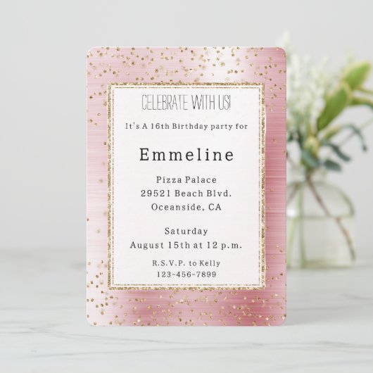 Blush Pink Glam Gold Sparkle Confetti Verjaardag Kaart (Staand voorkant)