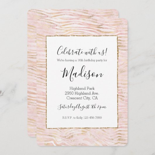 Blush Pink Glam Gold White Zebra Print Kaart (Voorkant / Achterkant)