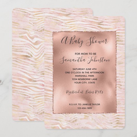 Blush Pink Glam Gold Zebra Print Baby shower Kaart (Voorkant / Achterkant)