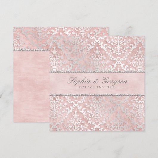 Blush Pink Glimmer Damask Wedding Invite Kaart (Voorkant / Achterkant)