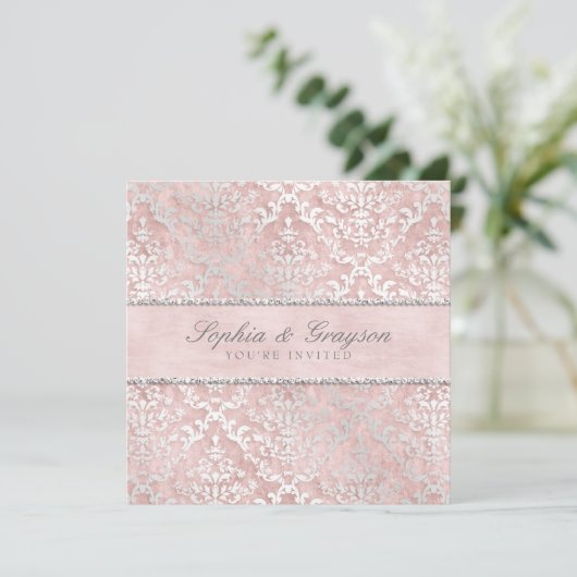 Blush Pink Glimmer Damask Wedding Invite Kaart (Staand voorkant)