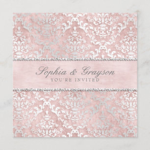 Blush Pink Glimmer Damask Wedding Invite Kaart