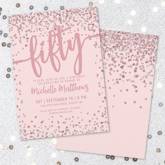 Blush Pink Glitter 50th Birthday Kaart