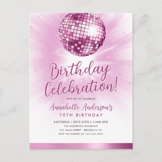Blush Pink Glitter 70s Party Disco Ball Verjaardag Briefkaart (Voorkant)