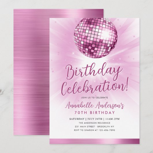 Blush Pink Glitter 70s Party Disco Ball Verjaardag Kaart (Voorkant / Achterkant)