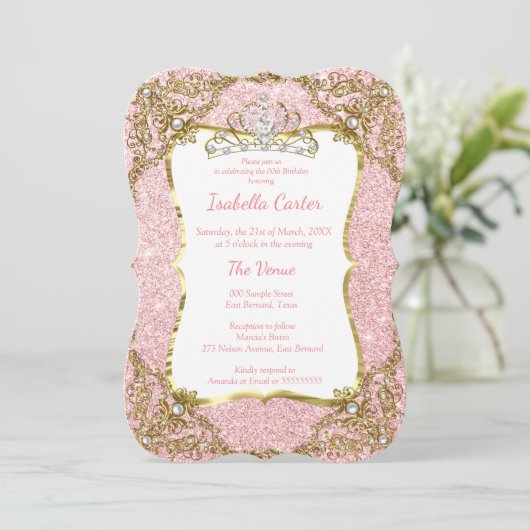 Blush Pink Glitter Birthday Party Gold White Tiara Kaart (Staand voorkant)